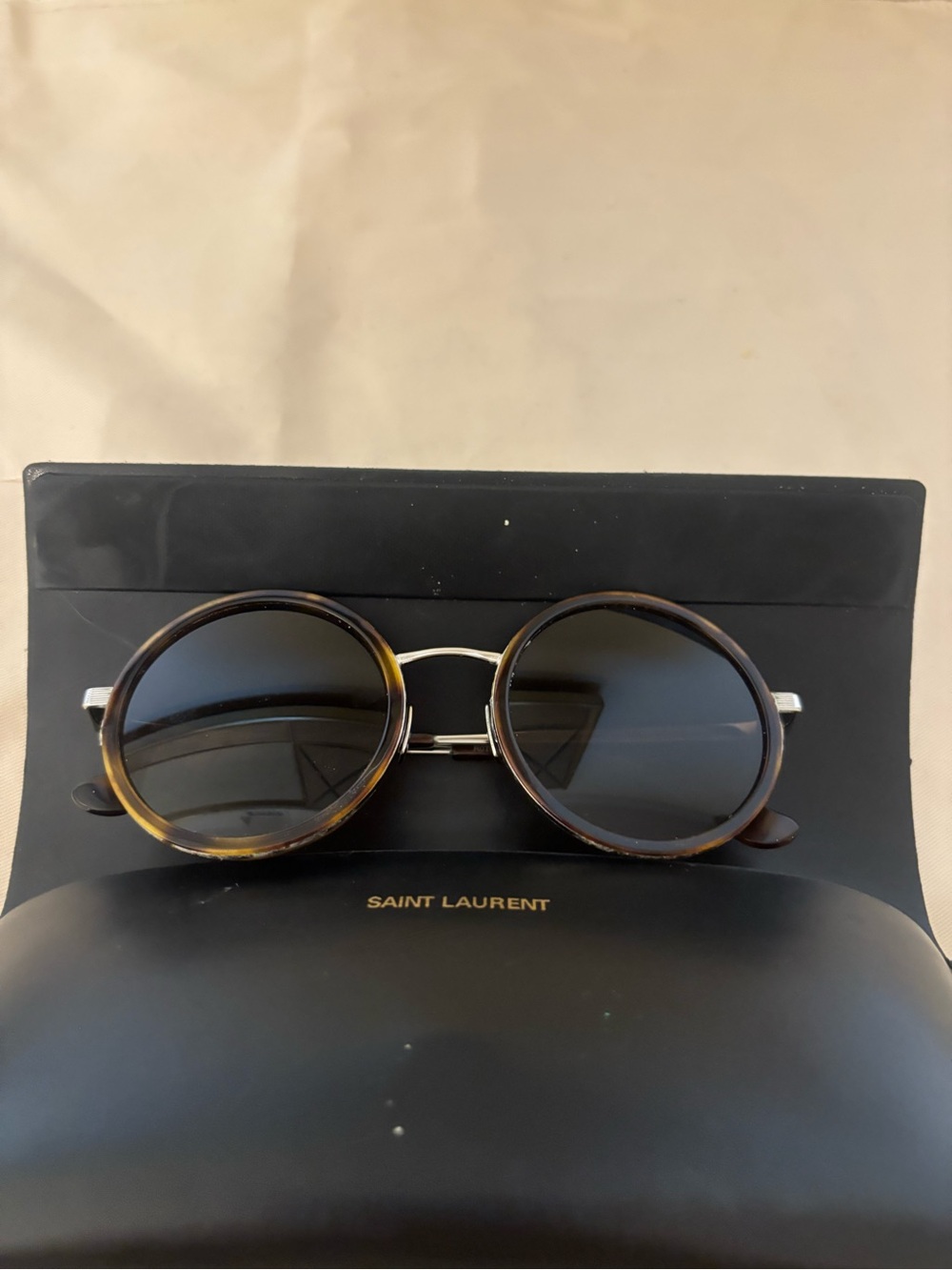 Saint Laurent Round Tortoiseshell Frame Sunglasses with Dark Lenses